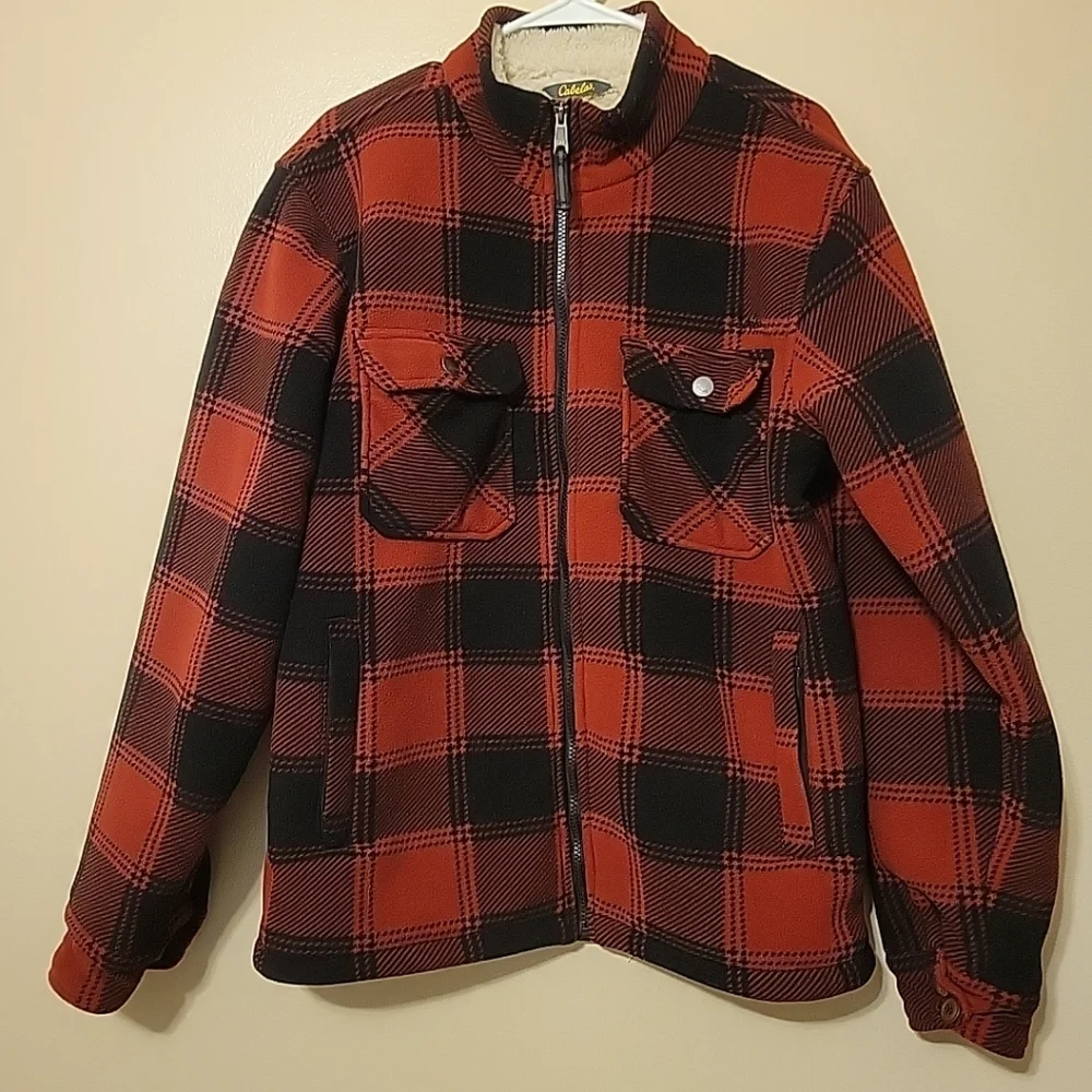 Cabela's Fleece Jacket Mens Medium Red Black Sherpa Lined Full Zip Flannel Heavy - Picture 1 of 13